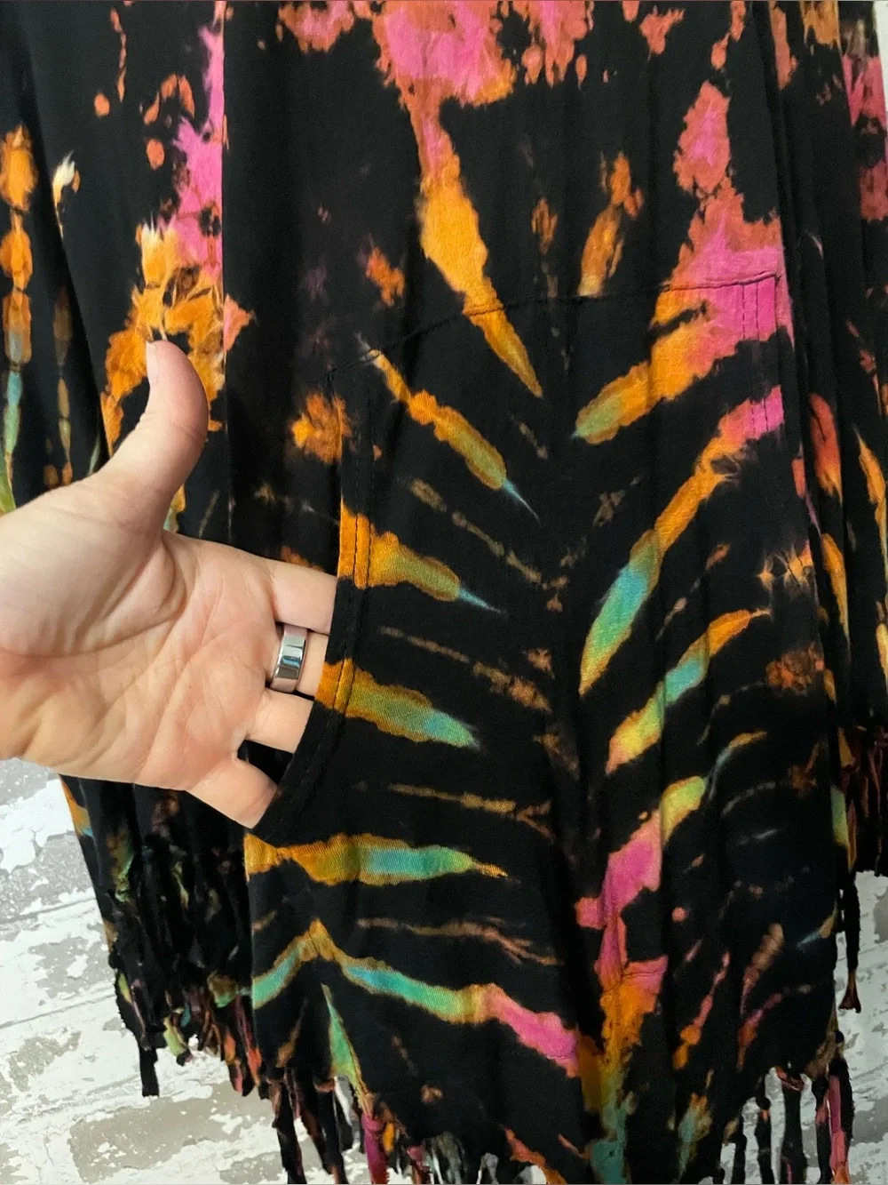 Festival Boho Tie Dye Hooded Fringe Poncho Top Kathmandu Imports One Size Cotton